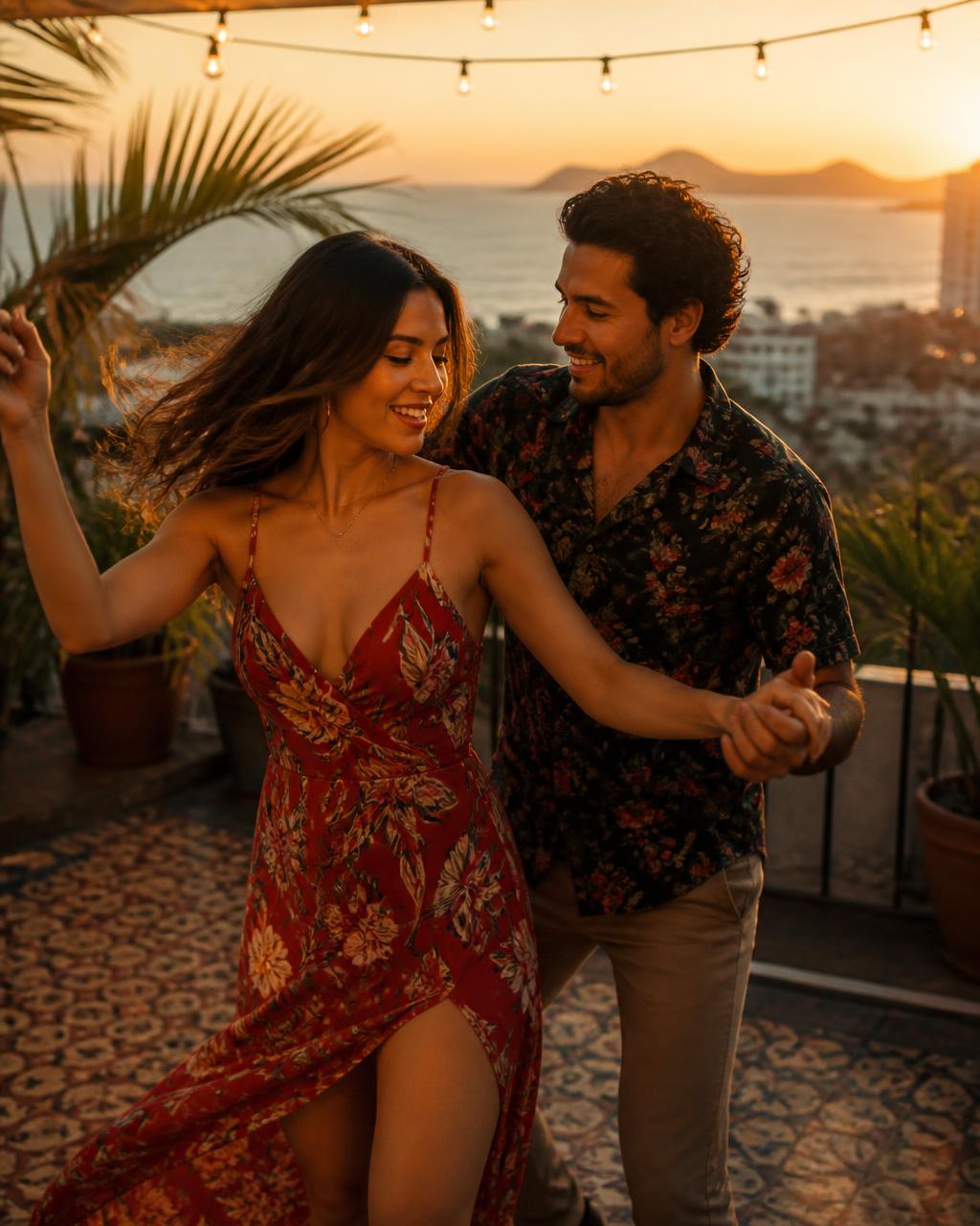 Pareja joven bailando salsa en una terraza con vistas al océano en Mazatlán