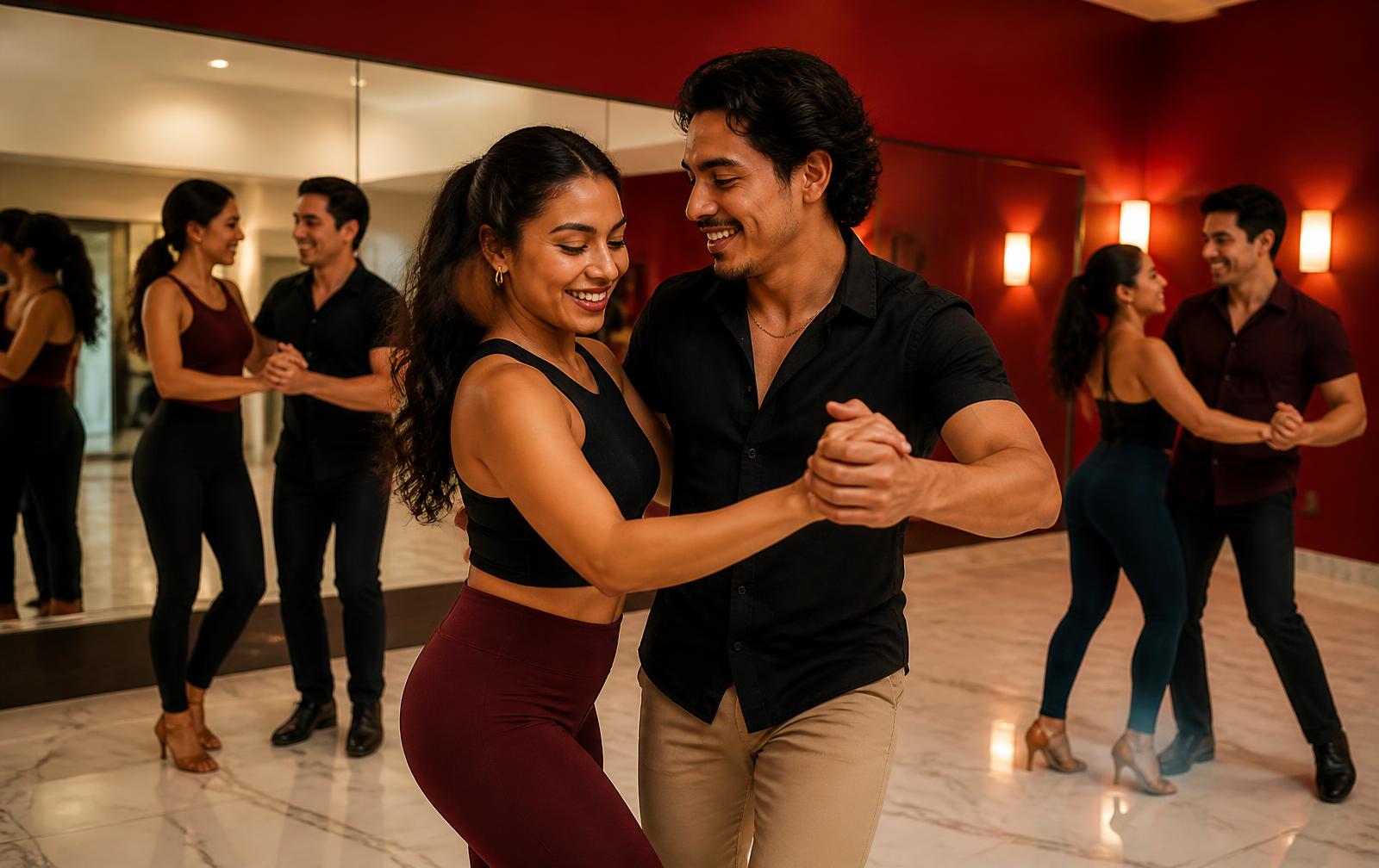 Instructores amigables ayudando a una pareja con sus primeros pasos de salsa en Mazatlán